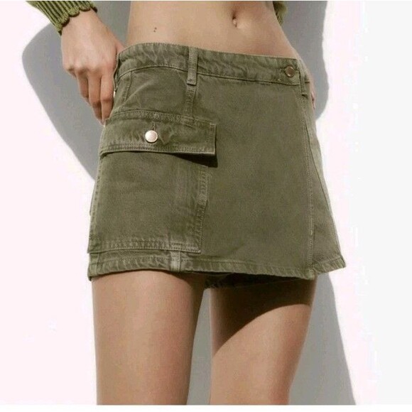 Zara Pants - ZARA Denim Cargo Skort Army Green 100% Cotton Women’s Size M /30" Waist